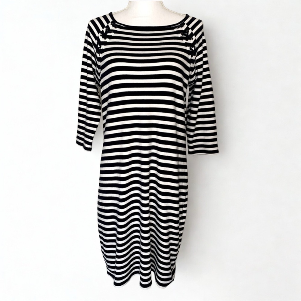 Talbots Women Navy Blue &  White Stripe Midi Dress Medium 100%‎ Cotton